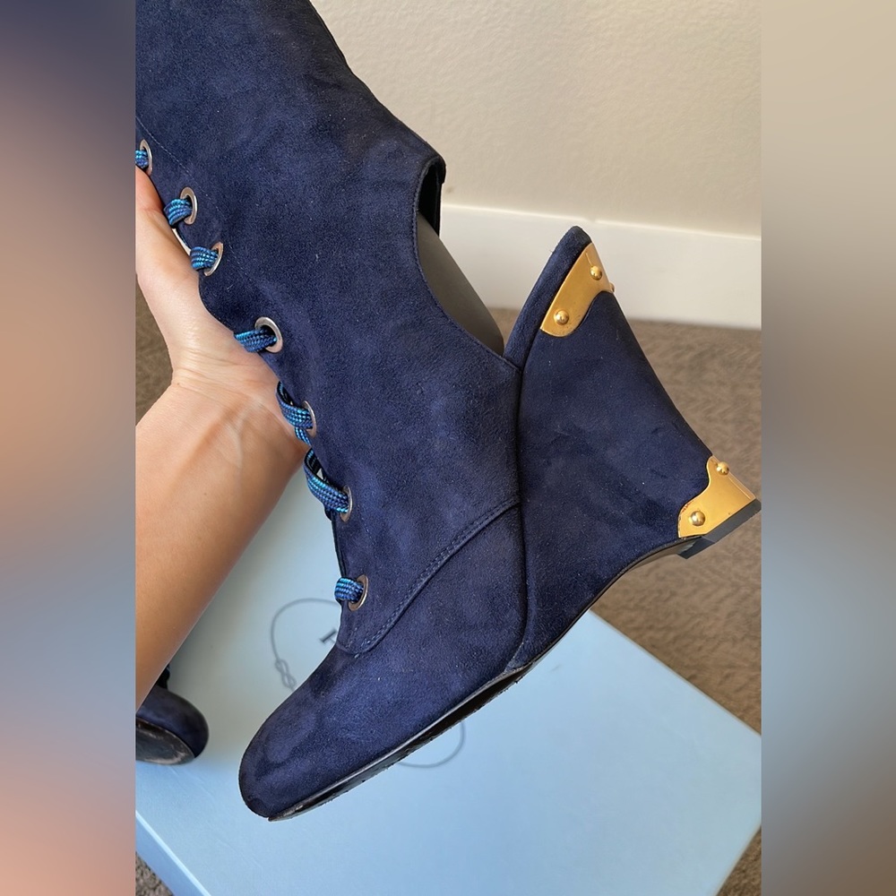 PRADA DARK BLUE LACED KNEW OPEN HEEL BOOTS SIZE 6.5 (36.5 Italian size) - Picture 11 of 17